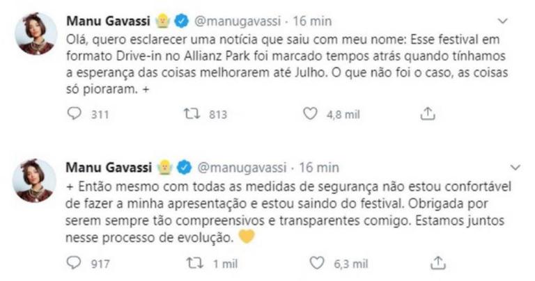 Manu Gavassi desiste de participar de show em São Paulo