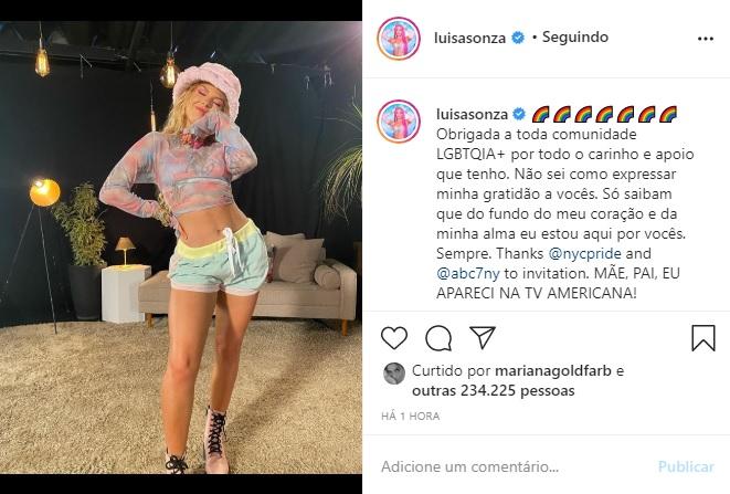 Luísa Sonza agradece após show virtual na New York Pride