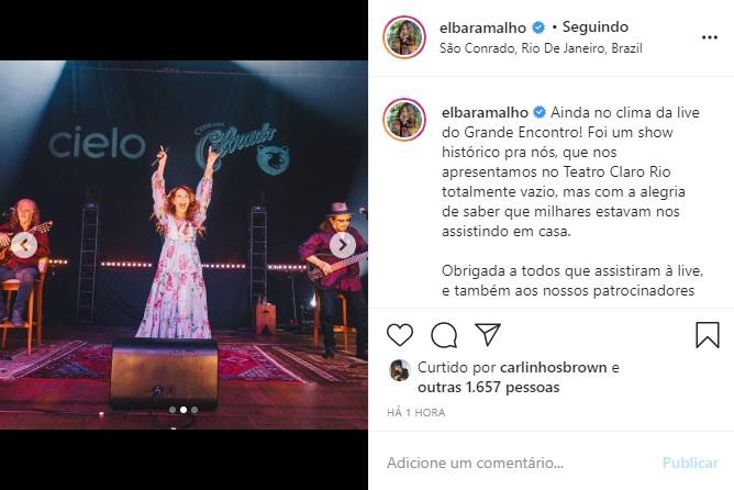 Elba Ramalho agradece depois da live 'O Grande Encontro'