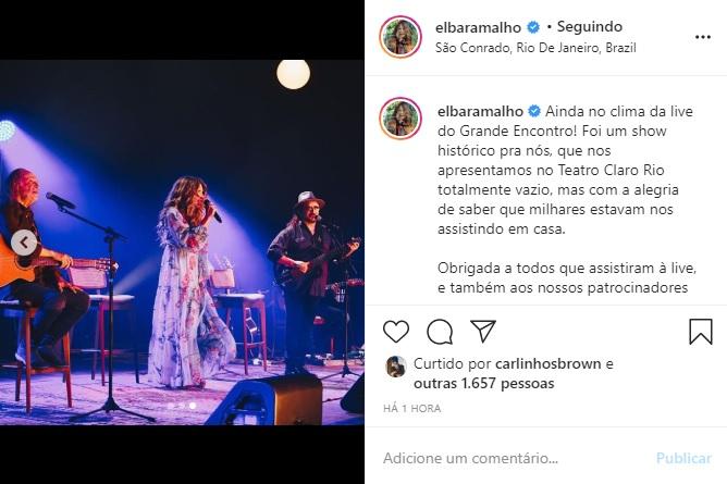 Elba Ramalho agradece depois da live 'O Grande Encontro'