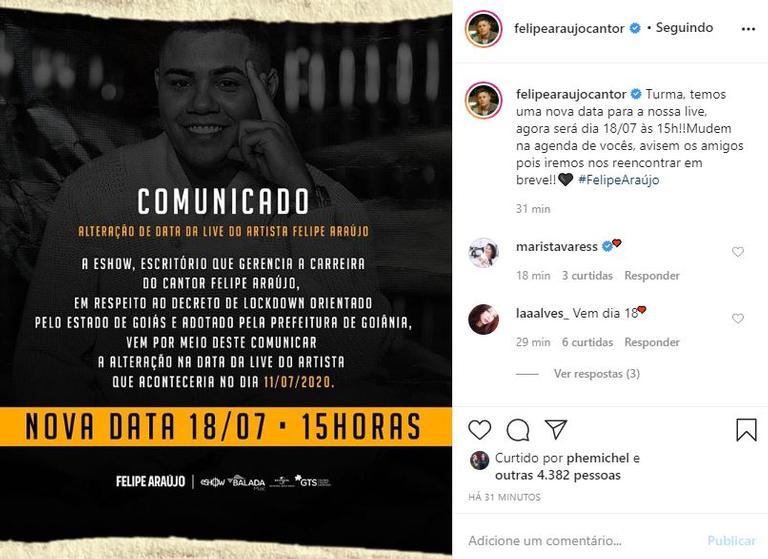 Felipe Araújo cancela live e revela nova data