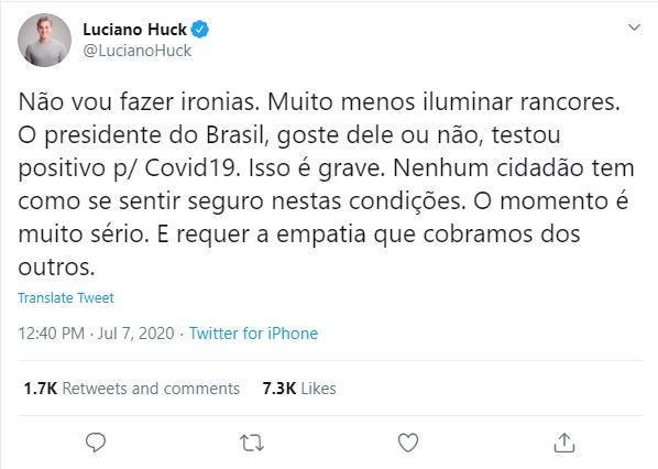 Luciano Huck pede empatia após Bolsonaro testar positivo