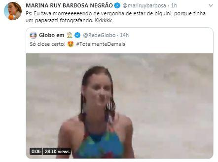 Marina Ruy Barbosa comenta cena de novela em que aparece de biquíni