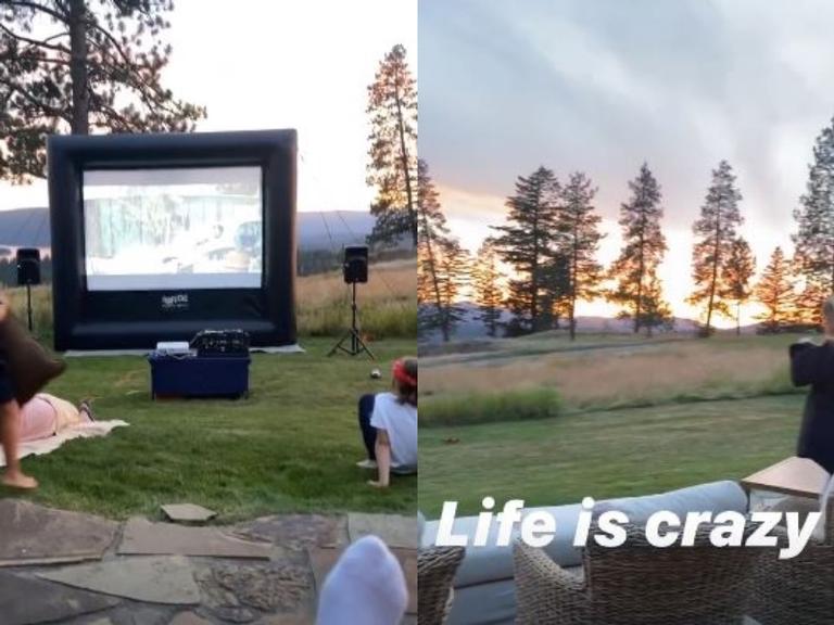 Justin Bieber recebe a família em sua mansão para sessão de cinema ao ar livre