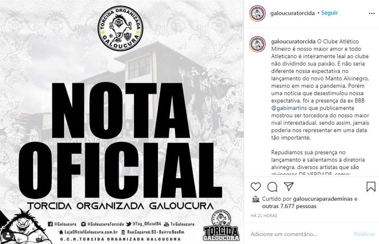 Torcida do Atlético Mineiro emite nota de repúdio contra Gabi Martins