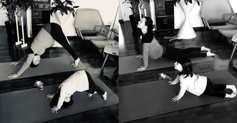 Mariana Ximenes encanta ao fazer yoga com a afilhada