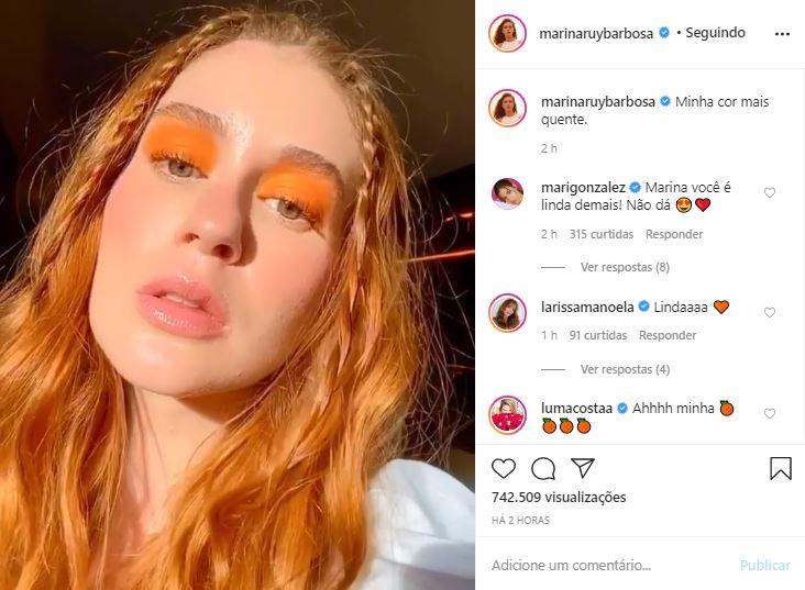 Marina Ruy Barbosa surge deslumbrante com make laranja