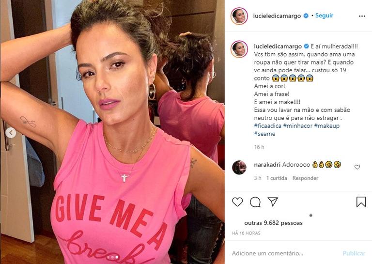 Luciele Di Camargo posa toda produzida com blusinha rosa