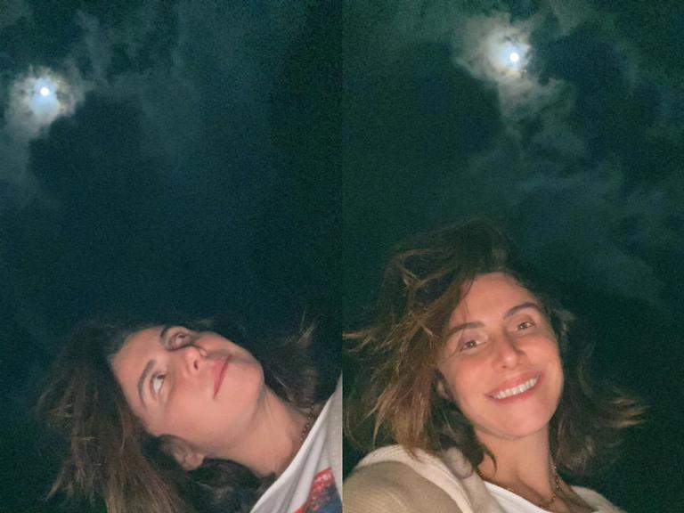 Giovanna Antonelli surge sorridente ao apreciar a luz do luar