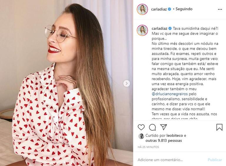 Carla Diaz agradece mensagens de apoio após descobrir nódulo