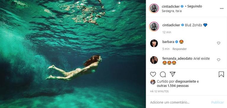 Cintia Dicker posa no fundo do mar e recebe elogios dos fãs