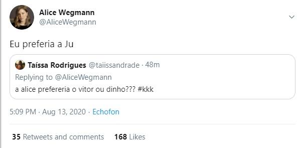 Alice Wegmann revela se preferia Dinho ou Vitor
