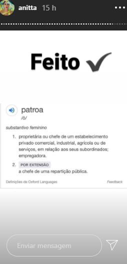 Anitta comemora mudança da palavra 'patroa'