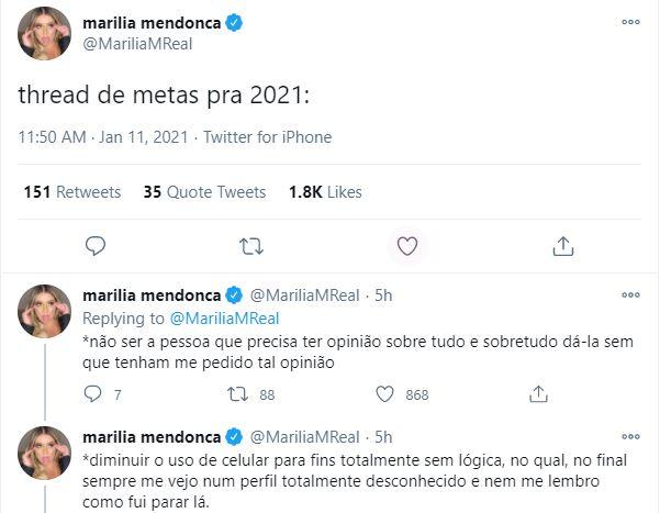 Marília Mendonça revela metas para 2021