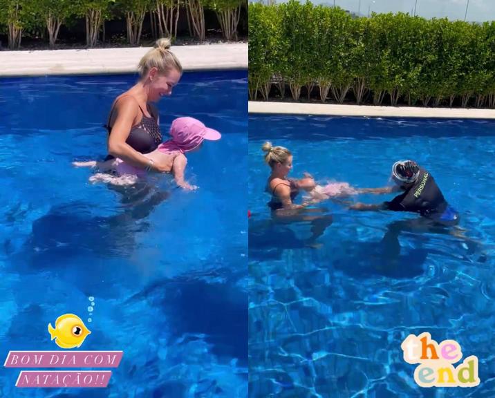 Ana Paula Siebert se diverte em aula de natação da filha