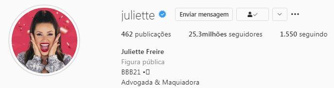 Juliette alcança 25 milhões de seguidores após vencer o BBB21