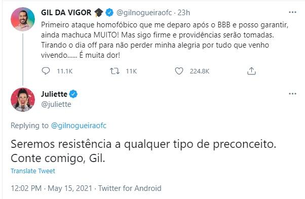 Juliette responde tweet de Gilberto sobre ataque homofóbico