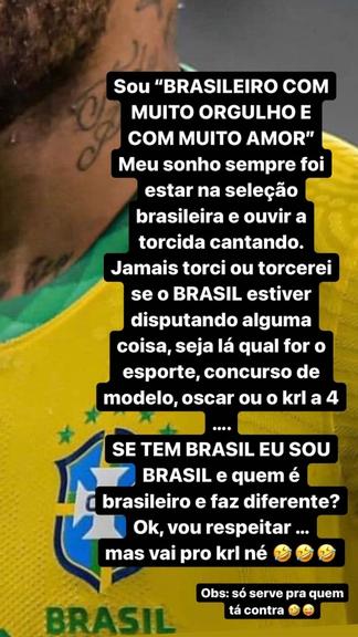 Neymar Jr. critica brasileiros que torcem contra a seleção