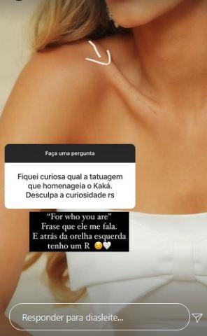 Carol Dias mostra tatuagem para Kaká e revela que está tentando engravidar