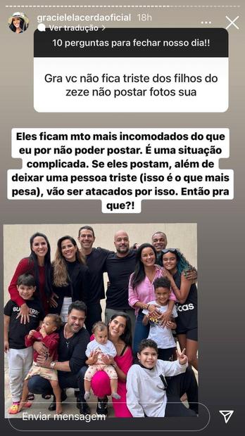 Graciele Lacerda fala sobre não postar fotos com os filhos de Zeze
