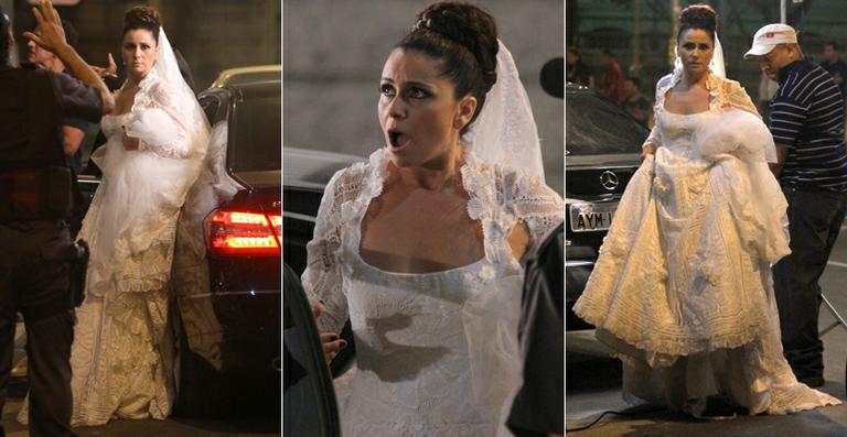 Vestida de noiva, <strong>Giovanna Antonelli</strong> grava cena de acidente em ‘Aquele Beijo’