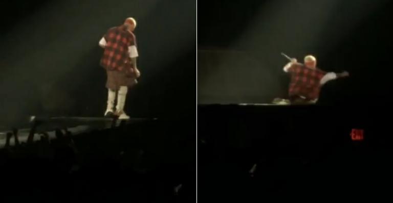 Justin Bieber cai em buraco no palco durante show no Canadá e brinca: 