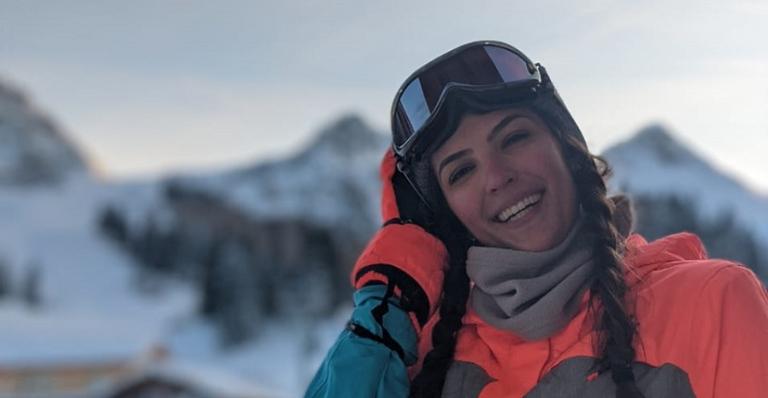 Na Suíça, Thiessa Sickert pratica Snowboard ao lado do marido e revela: ''Rolei pista abaixo''