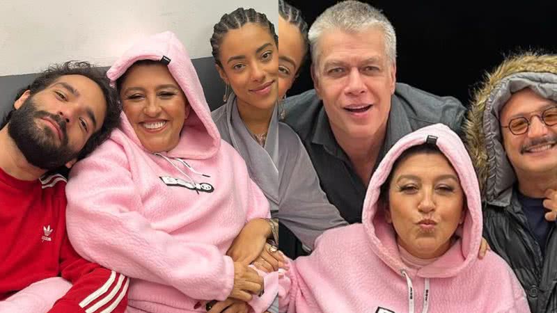 De conjunto rosa, Regina Casé surge com parte do elenco de 'Todas As Flores' - Reprodução/Instagram