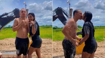 O cantor de piseiro João Gomes dando selinho na influenciadora Ary Mirelle em 'banho de bica' - Foto: Reprodução/Instagram @arymirelle