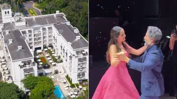 Montagem de fotos do hotel Palácio Tangará e de Donatella Mion ao lado do pai, Marcos Mion - Foto: Reprodução/Instagram @palaciotangara @danicabrera @ivandybasfotografia