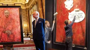 Quadro do Rei Charles III é alvo de ação de ativistas - Foto: Getty Images; Reprodução / X