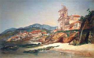 <i>Praia e Igreja de Santa Luzia</i>, óleo sobre tela (32 x 52 cm), de cerca de 1885: paisagem carioca que não existe mais. Coleção particular. - Arquivos da Pinakotheke Cultural