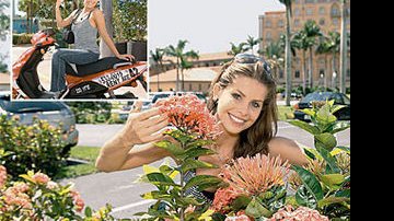 Em Miami, em frente ao tradicional Hotel Bilmore, Karina, fã de jardinagem, encanta-se com as hortênsias. O passeio de vespa pela Ocean Drive.