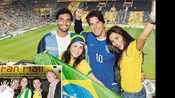 Ike, Fernanda e o casal Carlos Eduardo e Juliana festejam no estádio alemão. No detalhe, Ricardo Oliveira, Luiza Brunet, David Brazil