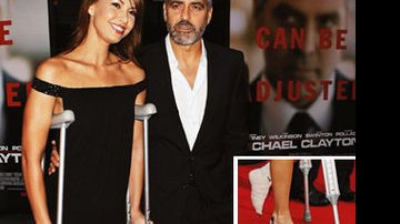Sarah Larson e George Clooney chegam à sessão de Michael Clayton - estrelado e produzido pelo ator - no Ziegfeld Theater, em Nova York. No detalhe, o pé fraturado da moça. - Reuters