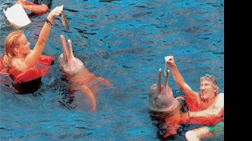 Laurie Duming e o marido, Roger Waters, mergulham para alimentar os botos Júlia e Estressado, ajudados pelo tratador Curió - Jacaré Chefe