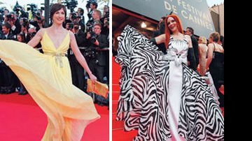 Nos 12 dias do Festival de Cinema francês, as belas se esmeram para atrair os flashes. Phoebe Price vai de zebra; Elsa Zyberstein, de amarelo. - AFP e Reuters
