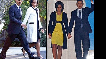 Barack e Michelle Obama em duas ocasiões: na capital inglesa e no momento do desembarque - Reprodução