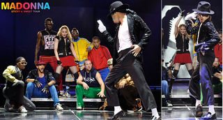 Imagens dos ensaios da cantora Madonna antes de seu show em Londres: homenagem a Michael Jackson. Madonna, de minissaia vermelha, vibra com os passos do dançarino. - Reprodução