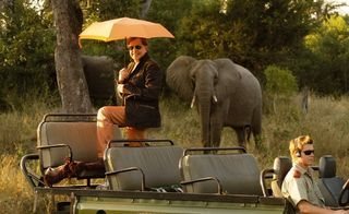 No safári em MalaMala Game Reserve, sede da Embaixada de CARAS, o promoter não se inibe diante do elefante.