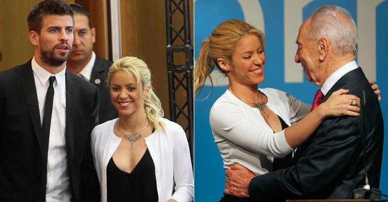 Em Jerusalém: Shakira com seu namorado Gerárd Piqué e com Shimon Peres, presidente de Israel - Reuters