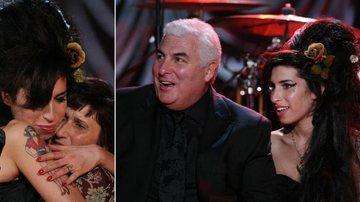 Amy Winehouse aguarda a entrega do Grammy de 2008 com o pai, Mitch, e abraça a mãe, Janis - Getty Images