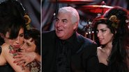 Amy Winehouse aguarda a entrega do Grammy de 2008 com o pai, Mitch, e abraça a mãe, Janis - Getty Images