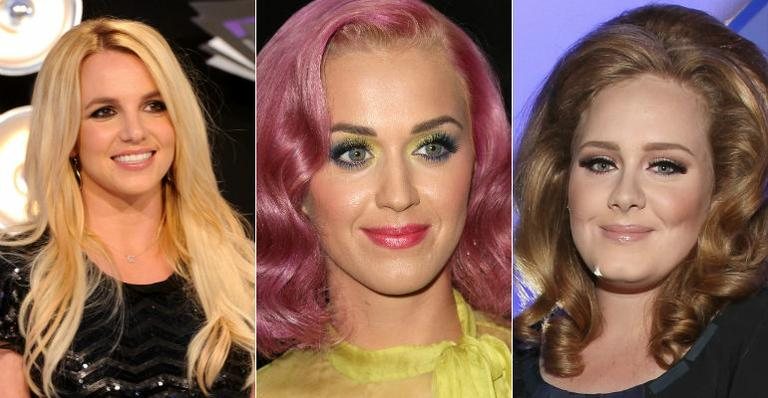 Britney Spears optou pelo make básico. Katy Perry ousou, com sombras coloridas; e Adele optou pelo delineador bem marcado. Todas lindas! - Getty Images