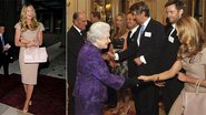 Retrato de elegância em look nude, a top e empresária é recebida pela monarca em Buckingham com vips australianos como Hugh Jackman. - Reuters