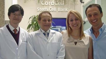 Telma Ingrid De Bellis Kühn, Elísio Sekiya, Adelson Alves e Wirla Pontes Munhoz recebem o neurobiólogo Alysson Muotri, em SP.