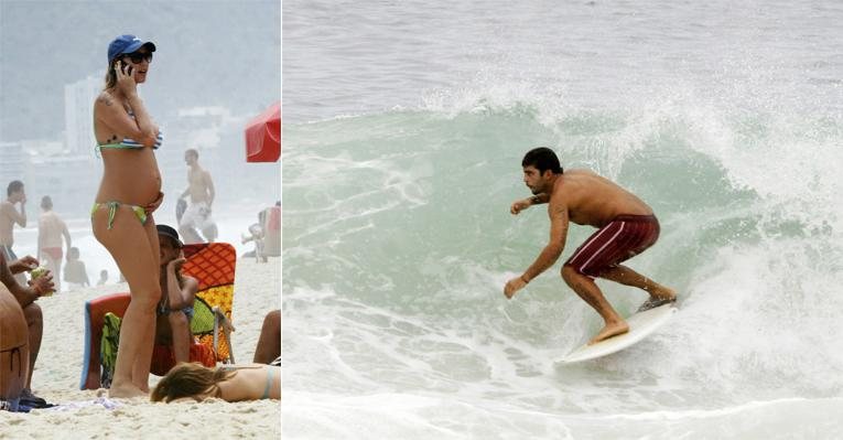 Na praia de Ipanema, Rio, a atriz exibe na areia a sua gravidez de quase cinco meses, enquanto o pai do bebê, Scooby, desliza nas ondas.