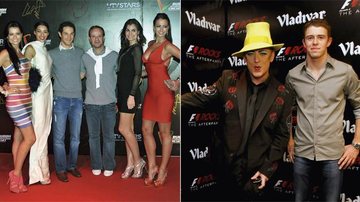 Bruno Senna e Rubens Barrichello entre as belas modelos da festa; Boy George e Paul Di Resta - AFP e Getty Images