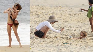 Na praia de Ipanema, a atriz faz estripulias com o caçula e registra as brincadeiras dele. - Gil Rodrigues