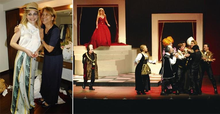 De vermelho, Marisol interpreta Catarina na peça A Megera Domada, de Shakespeare. No camarim, o abraço da mãe, Maria Ferreira. - Ivan Faria